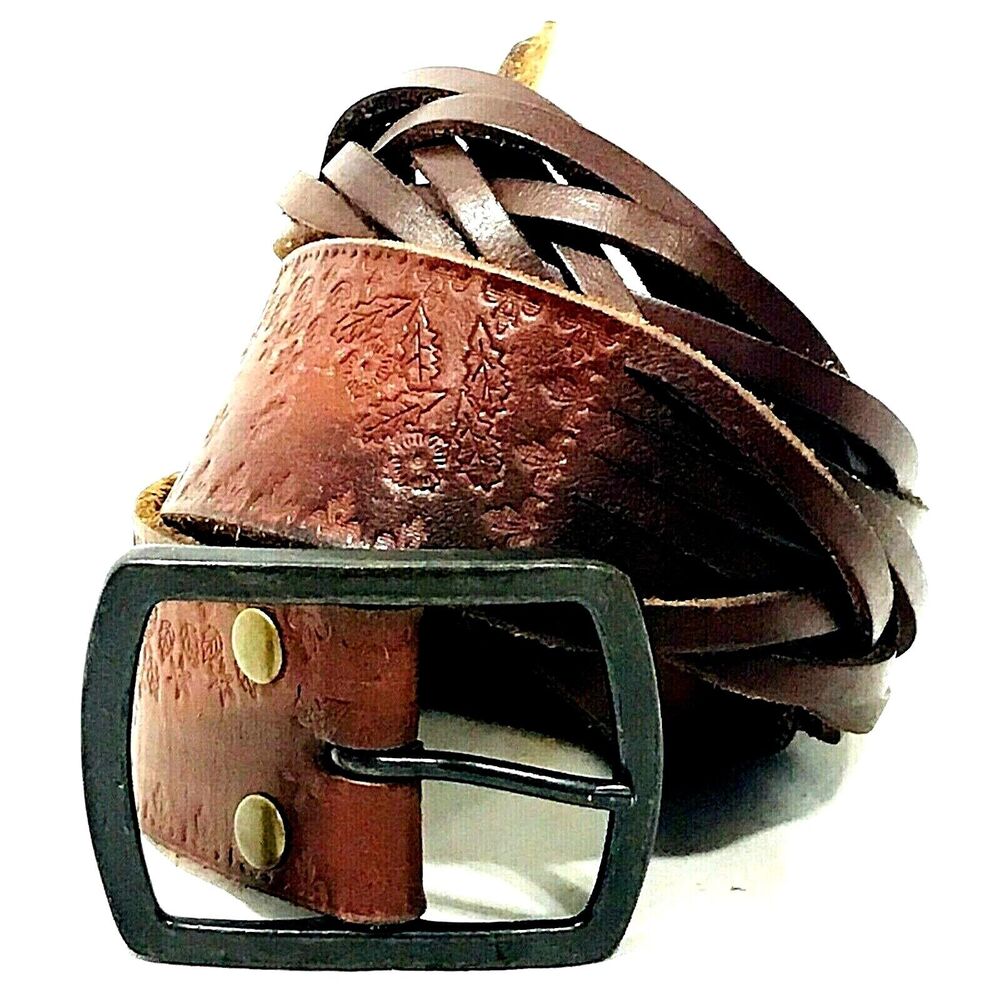 Brutalist Belt Woven Leather 32 - 36 Brown Tooled Flower Butterfly Boho Hippie